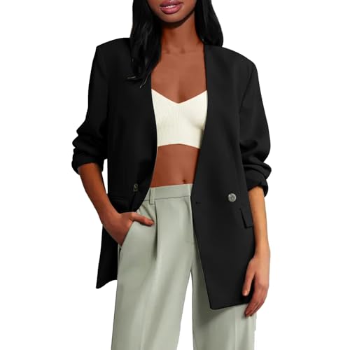 Blazers for Women Business Casual Double-Button Long Sleeve Jackets Shoulder Pad Collarless Open Front Blazer
