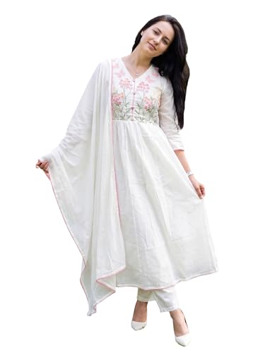 Image of INDO ERA Women's Pure Cotton Embroidered Thread Work Kurta & Pant with Dupatta Set (IEAI13046)