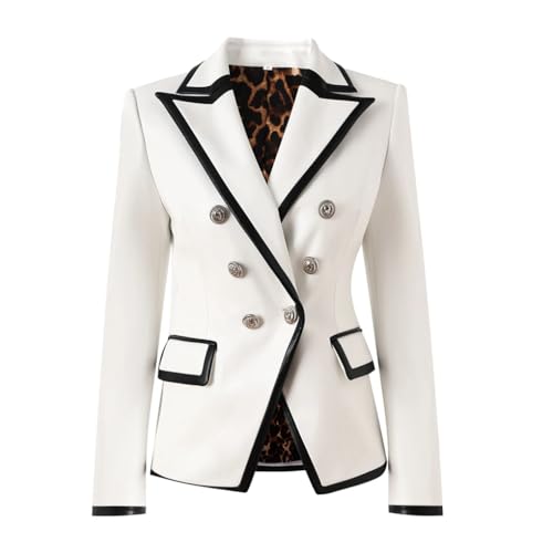 Generic Women Notched Black Contrast Color White Pu Leather Patchwork Jackets Leopard Print Blazers