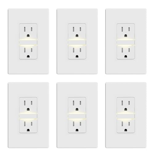 Image of ELEGRP Decorative Outlet Night Light, Electrical Wall Outlets with Built in Led Guidelight 3000K, Tamper Resistant Receptacle, 15 Amp 125 Volt, Plate Cover Included, Matte White, 6 Pack