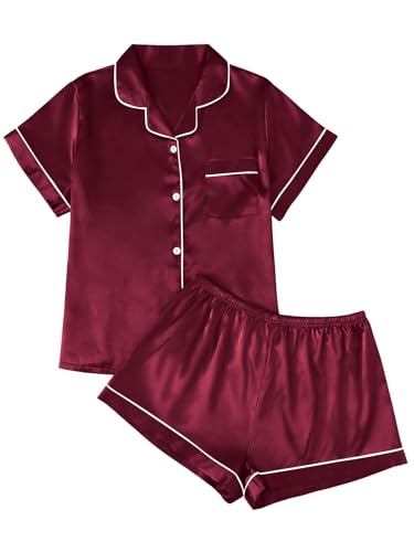 LILLUSORY Silk Satin Pajama Set for Women 2 Piece Lounge Pjs Winter Matching Summer Sleepwear Button Down Shirt Shorts