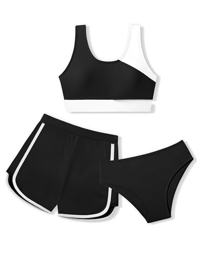 NECIOUS Girls Swimsuit Bikini Set, 3 Piece Girl Bathing Suits Color Block Cutout Swimwear with Shorts Size 7-16