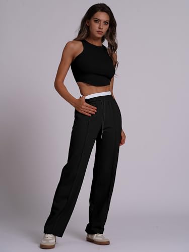 ABOCIW Womens Two Tone Wide Leg Sweatpants Fleece High Waisted Baggy Sweat Pants Drawstring Athletic Joggers4