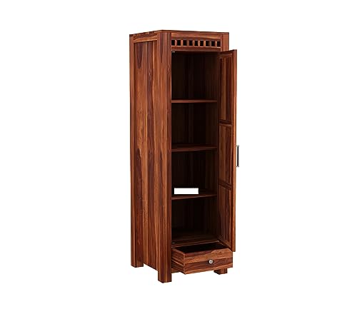 Image of Sheesham Wood Wooden Single Door Wardrobe Organizer for Clothes | - Solid Wood Almirah with 1 Drawers, 4 Shelves - Cupboard for Large Bedroom (Design 4)
