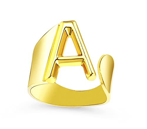 Only faith Anillos de letras iniciales acero inoxidable ajustable, Anillos abiertos de letras para mujer, joyería de moda con hermosa caja de regalo vintage. (A - DORADO)