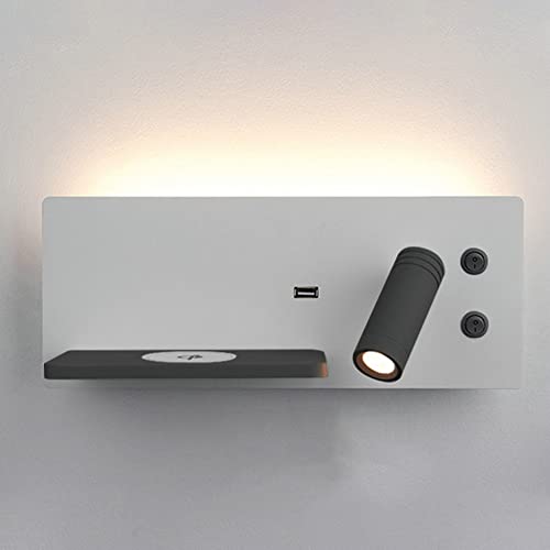 Lámpara de pared, lámpara de pared de lectura USB junto a la cama con soporte de carga inalámbrico moderno 12 pulgadas LED 3000K luz cálida lámpara de pared multifunción (B) Cover