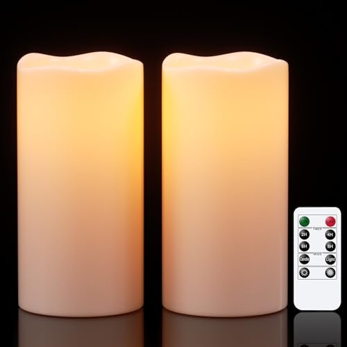 Eldnacele Wasserdichte Flammenlose Kerzen mit Timerfunktion, Batteriebetriebene Große LED Kerzen Fernbedienung für Außen Garten Laternen, Flackerlicht, Set mit 2 Stück (Ø10 x 20 cm, Creme)