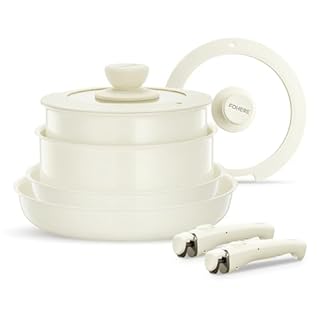 FOHERE Set di Pentole e Padelle Antiaderenti Induzione Alluminio Ceramica da 8 Pezzi con 2 Manici Amovibili e 2 Coperchi, Padella 20/28cm, Casseruola 16/20cm, Adatto Lavastoviglie, Gas e Forno, Beige