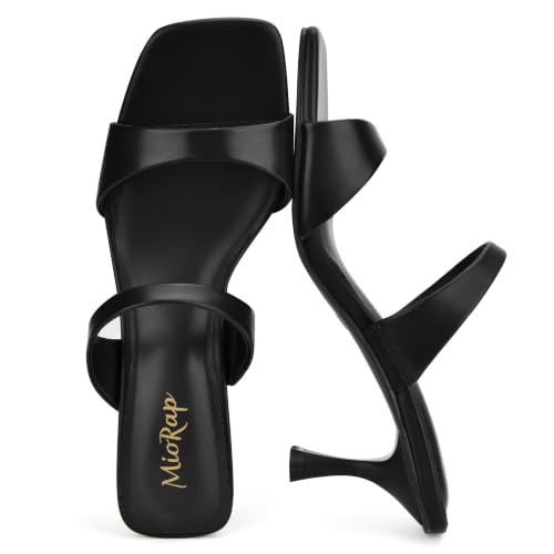 Miorap Kitten Heels for Women Square Open Toe Heeled Sandals Fashion Comfort Wedding Dressy Two Strappy Slip On Mules Shoes Black Size 08