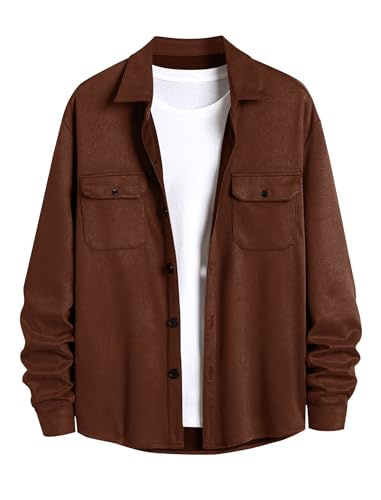 Image of ZAFUL Men's Faux Suede Button Down Shirts Jacket Lightweight Shirt Jacket Long Sleeve Work Coat Solid Color Overshirt