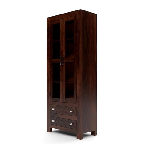 Image of Sheesham Wood Bookcases with 4 Shelves 2 Drawer - Wooden Kitchen Crockery Cabinet for Dining Room Kitchen with Glass Door Book Shelf Wooden Rack for Living Room (James Walnut)