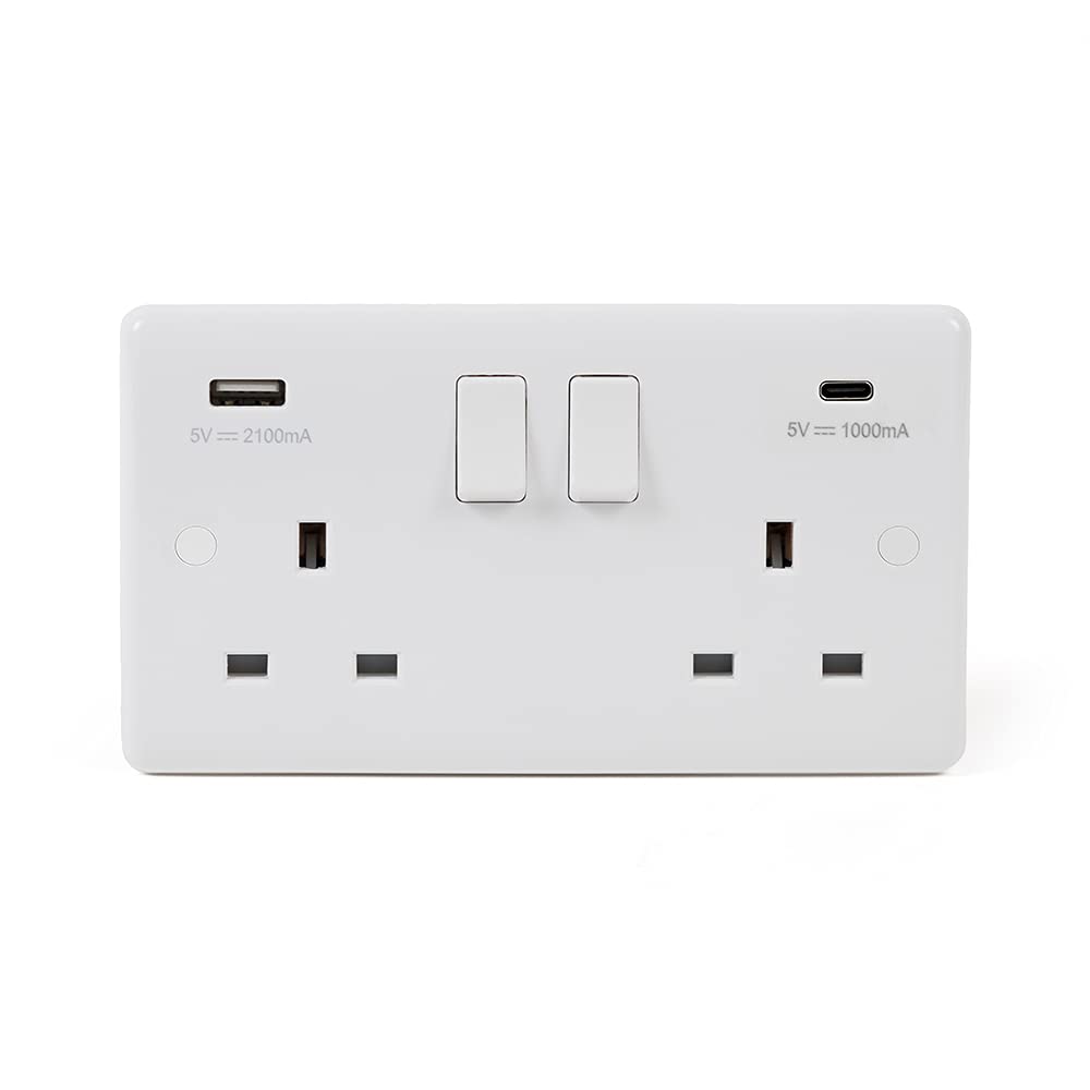 The Soho Lighting Company White Lieber Silk 2 Gang Usb A+C Socket (13A Socket + 2 Usb Ports A+C 3.1A) - Curved Edge