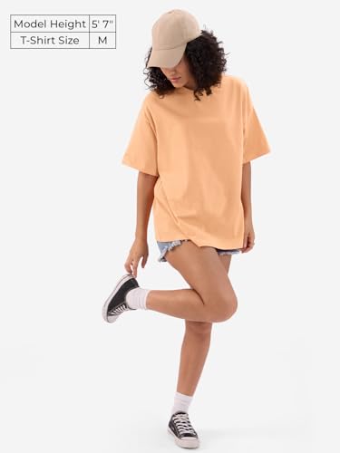 Image of The Souled Store Solids: Fuzzy Peach Women and Girls Short Sleeves Round Neck Cotton Oversized T-Shirts