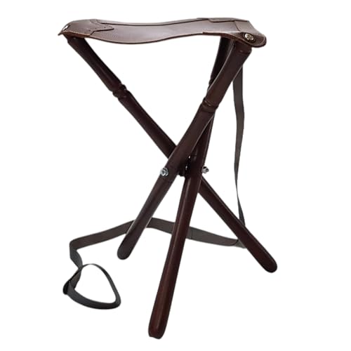 Articulos de Caza Silla para Cazar, Patas de Madera y culera de Cuero, con Correa para el Transporte (60CM)