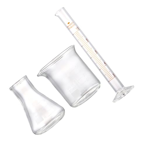 Juego de 3 piezas de vidrio para laboratorio con matraz cónico y cilindro graduado resistente
