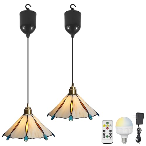 SKIVTGLAMP Adjustable Height Rechargeable Battery Operated Pendant Light, Remote Control, 4Ft Cord, Timer, Copper Socket Tiffany Glass White Shade Chandeliers for Courtyard Nightstand