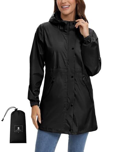 SaphiRose Women's Lightweight Long Rain Jacket Packable Raincoat Hooded Outdoor Trench Coats (Black,...