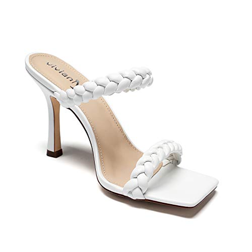 Vivianly Women Sexy Woven Stiletto Heel Double Braided Strap Sandals Open Toe Slip On Mules Slippers thumb #2
