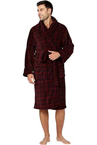 Mens Plaid Cozy Plush Robe, Burgundy, Large/X-Large