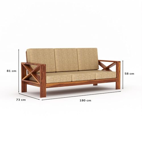 Image of Sheesham Wooden 3 Seater Sofa for Living Room | Rosewood 3 Seater Cushion Sofa X-Legs | Solid Wood Sofa Set for Lounge (3 Seater,Honey)