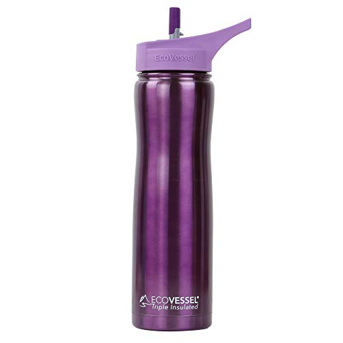 EcoVessel SUMMIT TriMax Triple Insulated Stainless Steel Water Bottle with Flip Straw - 24 Ounces - Purple