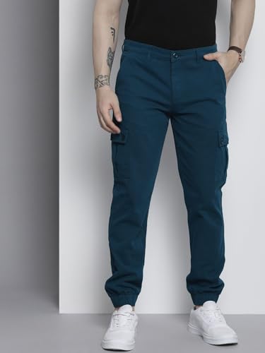 Image of THE INDIAN GARAGE CO Men Slim Fit Solid Mid-Rise Stretchable Cuffed Cargos