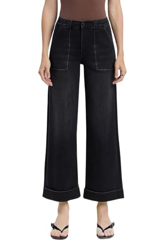 VERVET Women's Kris High-Rise Cuffed Cropped Baggy Wide Leg Jeans
