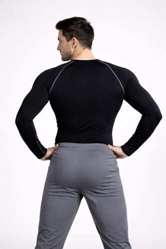 Image of Men's Long Sleeve Compression T-Shirt, Black, Polyester, Moisture Wicking, Crew Neck, Athletic Fit