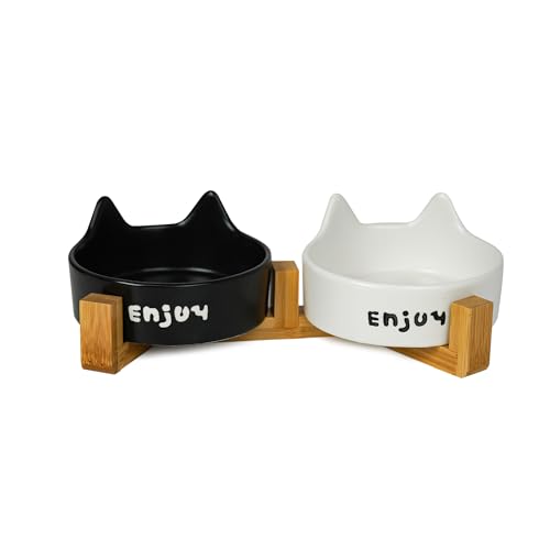 Cute Small Dog Bowls with Stand, Whisker Friendly Cat Bowls Set, Heavy Duty Ceramic Food and Water Bowl, Shallow Indoor Dishs for Kittens, Black & White