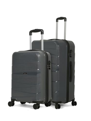 Image of Teakwood Small-Medium Size 8 Wheels Trolley Bag, Hard Cabin with Zipper Closure, Adjustable Push Button & TSA Lock System 360 Degree (Set of 2, Grey)