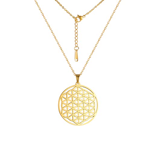 TEAMER acier inoxydable fleur de vie collier pendentif plaqué or chaîne bijoux géométrie accessoires amulette bijoux (Style 1 - Or)