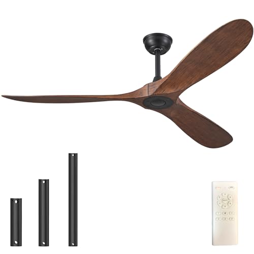wodiston - Ventilador de techo (152,4 cm, sin luz, con mando a distancia, con motor reversible y silencioso, 3 aspas de plástico, ventilador de techo de nogal