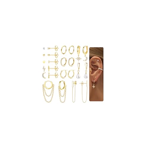 FASACCO Juego de aretes para múltiples piercings, aretes de cadena chapados en oro de 18 quilates, aretes de plata delicados, juego de aretes de aro con perlas de luna y estrella, Acero inoxidable,