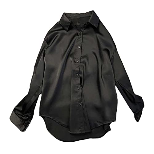 Spring Womens Silk Shirt, Vintage Casual Blouse Sheer Top, Long Sleeve Dress Shirt, Ladies Office Shirts Plus Size Black, 3X-Large