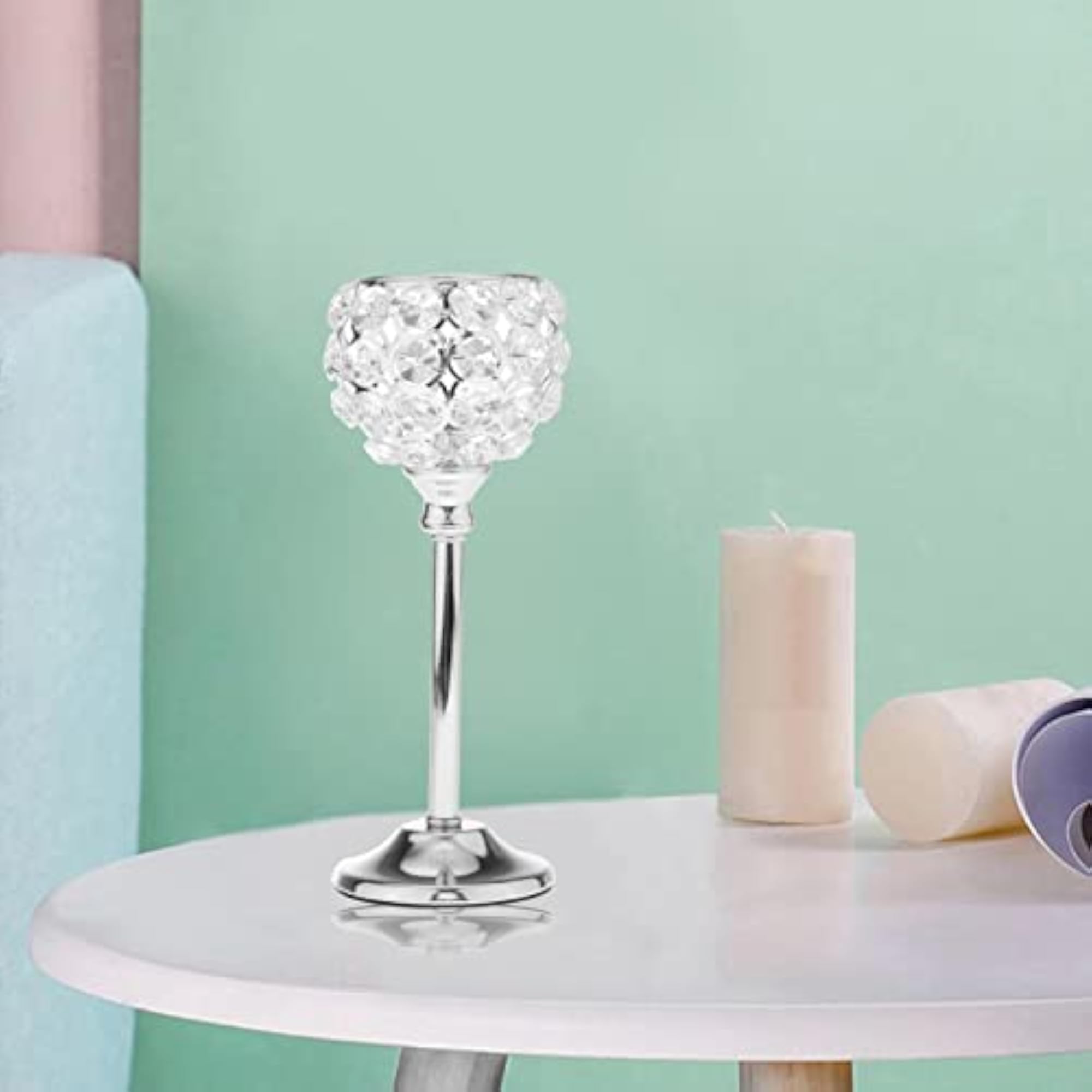 Crystal Candle Holder Tealight Candlestick Centerpiece Silver 21.5cm