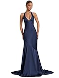 Sjnxi Navy Blue Satin Prom Dresses for Teens Long Mermaid Corset Halter Formal Wedding Guest Dress with Bow Size 4