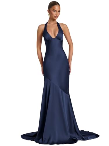 Sjnxi Navy Blue Satin Prom Dresses for Teens Long Mermaid Corset Halter Formal Wedding Guest Dress with Bow Size 4