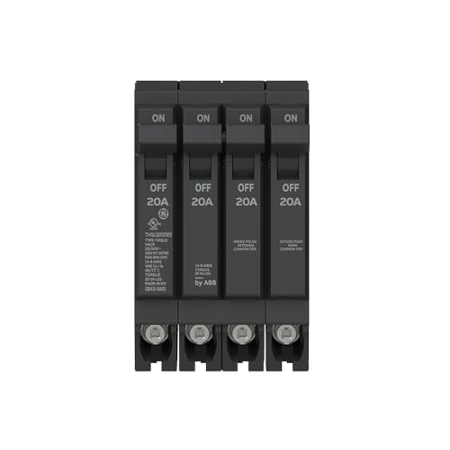 ABB Q-Line® THQLQ202020 Quad Circuit Breaker • 20A/1P & 20A/2P & 20A/1P Configuration • 120/240 VAC, 10 kAIC • Thermal Magnetic Trip • Space-Saving Plug-in Mount Type