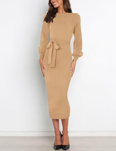 Image of HAEOF Womens 2026 Fall Midi Sweater Dress Winter Puff Long Sleeve Bodycon Ribbed Knit Trendy Business Casual Work Dresses