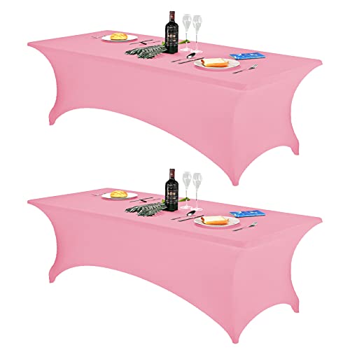 Image of FORLIFE Spandex Table Covers - Fitted 8ft Rectangular Tablecloth, Stretch Patio Table Cover for Wedding, Banquet, Party (Pink)