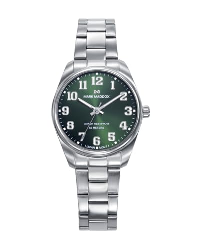 Mark Maddox MM1032-65 – Reloj Mujer Analógico Tres Agujas 32mm, Caja y Brazalete de Acero, Esfera Verde con Números Árabes, WR 50m Mark Maddox MM1032-65 – Reloj Mujer Analógico Tres Agujas 32mm, Caja y Brazalete de Acero, Esfera Verde con Números Árabes, WR 50m