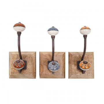 Générique Set de 3 Patères Murales en Bois et Métal de 18cm, Style Vintage Crochet avec Embout en Céramique Coloré