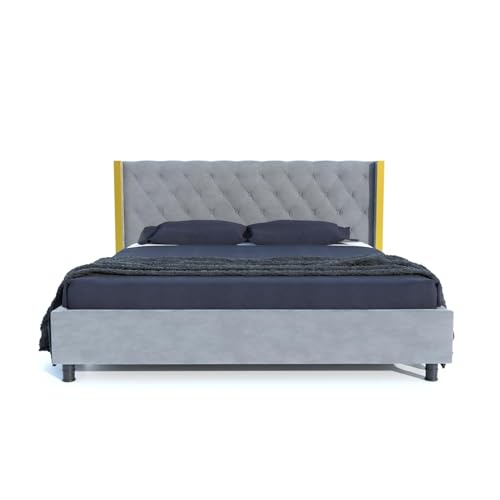 Image of Custom Decor Upholstered King Size Bed for Bedroom | Wooden Double Bed | Platform Cot Bed with Upholstery Premium Fabric | 6.5 x 6 Ft | Sheesham Solid Wood Rosewood (Gray, 83 * 75 * 39 inch)