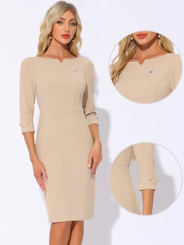 Image of Allegra K Work Dress for Women 3 /4 Sleeve Boat Neck Back Slit Sheath 2026 Professional Bodycon Business Casual Dresses