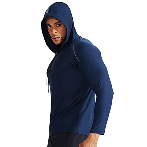 Men's Bodybuilding Long-Sleeve Hoodie Running Sweatshirts Dry Fit Performance Stretchy Polyester and Spandex Color Blue Size L