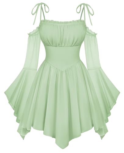 Scarlet Darkness Womens Renaissance Fairy Dress A Line Boho Off Shoulder Corset Dress with Pockets Light Green L