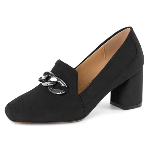 Image of Women Square Toe Pumps Loafers with Metal Buckle Low Heel Shoes Chunky Block Heel Pumps Daily Casual Heels Black Suede Leather US Size 7.5