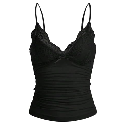 Naileksi Women Y2k Lace Trim Cami Top Spaghetti Strap Fairy Grunge Tank Top V Neck Ruched Bow Lace Patchwork Cami Shirt Black