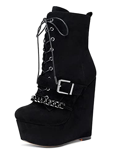 NobleOnly Womens High Heel Platform Wedge Ankle Boots Round-Toe Lace Up Rivet Boot with Zipper 6