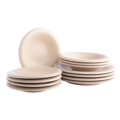 Image of Porto by Stone Lain Aro 12-Piece Premium Kitchen & Dining Dinnerware Set Stoneware, Cream Matte, Crafted in Portugal, Dishwasher and Microwave Safe Scratch-Resistant Dish Set for 4